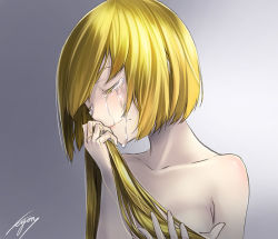 Rule 34 | 1girl, bad id, bad pixiv id, blonde hair, closed eyes, cutting hair, holding, holding own hair, mole, mole under mouth, nude, original, short hair, signature, smile, solo, tears, unowen, upper body