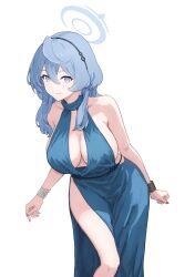 Rule 34 | 1girl, ako (blue archive), ako (dress) (blue archive), black hairband, blue archive, blue dress, blue eyes, blue hair, blue halo, blush, breasts, cleavage, closed mouth, cuffs, dress, earrings, feet out of frame, fingernails, hair between eyes, hairband, halo, handcuffs, herfstijl, highres, jewelry, large breasts, long hair, nail polish, official alternate costume, purple nails, sideboob, simple background, sleeveless, sleeveless dress, solo, white background