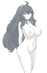 Rule 34 | 1girl, @ @, ahoge, arms behind back, bags under eyes, breasts, cream cod, creatures (company), game freak, greyscale, hair between eyes, hairband, hex maniac (pokemon), highres, large breasts, long hair, monochrome, navel, nintendo, nipples, nude, parted lips, pokemon, pokemon xy, purple eyes, simple background, sketch, solo, spot color, white background