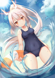 Rule 34 | 1girl, :o, aliter, artist logo, ayanami (azur lane), azur lane, bare arms, bare shoulders, blue one-piece swimsuit, blue sky, blush, brown eyes, cloud, cloudy sky, collarbone, commentary request, covered navel, day, dutch angle, fingernails, hair between eyes, headgear, high ponytail, highres, holding, holding swim ring, innertube, light brown hair, long hair, looking at viewer, old school swimsuit, one-piece swimsuit, outdoors, parted lips, ponytail, school swimsuit, sidelocks, sky, solo, standing, summer, sunlight, swim ring, swimsuit, very long hair, wading, water, wet