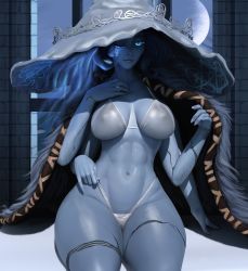 Rule 34 | 1girl, 3d, abs, absurdres, alternate breast size, bikini, bikini pull, blue eyes, blue hair, blue skin, breasts, cloak, clothes pull, colored skin, covered erect nipples, elden ring, extra arms, eyebrows, glowing, glowing eyes, hat, highres, jewelry, large breasts, lips, looking at viewer, moon, moonlight, one eye closed, popogori, ranni the witch, ring, sitting, smile, solo, swimsuit, thick thighs, thighs, white bikini, white hat, wide hips, witch hat