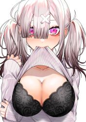 Rule 34 | 1girl, absurdres, black bra, blunt bangs, blush, bra, breasts, cleavage, clothes lift, collarbone, crossed bandaids, embroidered bra, fingernails, gomo, grey hair, highres, large breasts, long sleeves, looking at viewer, mouth hold, nail polish, nijisanji, pink eyes, ribbed sweater, simple background, solo, sukoya kana, sweater, sweater lift, twintails, underwear, upper body, virtual youtuber, white background, white sweater
