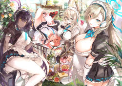 Rule 34 | 4girls, apron, asuna (blue archive), between breasts, black hair, blonde hair, blue archive, blue eyes, breasts, cleavage, dark-skinned female, dark skin, elbow gloves, from side, glasses, gloves, grabbing, grabbing another&#039;s breast, gyudan (t1k 7), highres, karin (blue archive), large breasts, looking at viewer, lying, maid, maid apron, maid headdress, mole, mole on breast, mole under eye, multiple girls, necktie, necktie between breasts, on back, pantyhose, red hair, thighhighs, upside-down, white legwear, yellow eyes