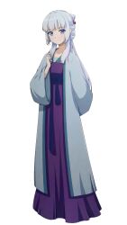 Rule 34 | 1girl, absurdres, bai yuxiu, blue eyes, chinese clothes, closed mouth, dress, duijin ruqun, fengling yuxiu, full body, grey hair, hair ornament, hanfu, hangbian sanshili, highres, long hair, long sleeves, looking at viewer, purple dress, simple background, smile, solo, standing, white background