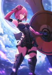 Rule 34 | 1girl, absurdres, amor, arm up, armor, armored boots, armpits, bad id, bad twitter id, black footwear, black leotard, boots, breasts, breasts apart, elbow gloves, fate/grand order, fate (series), gloves, hair between eyes, highres, holding, holding shield, leotard, mash kyrielight, medium breasts, one eye closed, parted lips, peulopi, pink gloves, pink hair, purple eyes, shield, short hair, solo, thigh boots, thighhighs