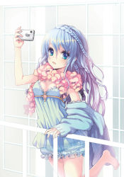 Rule 34 | 1girl, :d, balcony, barefoot, blue eyes, blue hair, blush, braid, breasts, camera phone, cellphone, cleavage, dress, highres, holding, juke, leg up, open mouth, original, outdoors, phone, railing, scarf, small breasts, smartphone, smile, standing, standing on one leg, taking picture, tareme, tile wall, tiles, toes