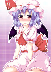 Rule 34 | 1girl, absurdres, ascot, bat wings, blue hair, blush, brooch, dress, fang, fookun, gradient background, hat, hat ribbon, highres, jewelry, looking at viewer, mob cap, naba (take tonbo), open mouth, pink dress, pink eyes, puffy sleeves, remilia scarlet, ribbon, sash, short sleeves, sitting, solo, touhou, wings, wrist cuffs