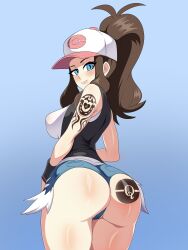 Rule 34 | 1girl, alternate breast size, arm tattoo, ass, ass focus, ass tattoo, black vest, blue eyes, blush, breasts, brown hair, creatures (company), curvy, denim, denim shorts, game freak, high ponytail, hilda (pokemon), huge ass, large breasts, leg tattoo, legs together, lips, long hair, looking at viewer, looking back, ludinsketches, micro shorts, nintendo, poke ball symbol, pokemon, pokemon bw, shorts, skindentation, smile, solo, tank top, tattoo, thick thighs, thighs, vest, white tank top, wide hips