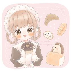 Rule 34 | 1girl, animal, baguette, blush, braid, braided hair rings, bread, brown hair, collared shirt, croissant, doughnut, food, french text, hair rings, hedgehog, highres, hiiragi hinana, holding, holding food, loaf of bread, long sleeves, maid headdress, open mouth, original, ribbon, shirt, smile, solo, star (symbol), translated, yellow eyes