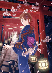 Rule 34 | 1girl, blue kimono, brown hair, butterfly hair ornament, cherry blossoms, hair ornament, japanese clothes, kimono, lantern, long hair, looking at viewer, looking back, na (sodium), obi, outdoors, paper lantern, path, red ribbon, ribbon, road, sash, solo, standing, striped clothes, striped kimono, torii, vertical-striped clothes, vertical-striped kimono, very long hair, wide sleeves