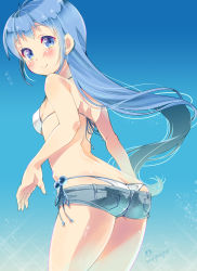 Rule 34 | 10s, 1girl, artist name, ass, bare arms, bare shoulders, bikini, bikini top only, blue eyes, blue hair, blush, breasts, butt crack, cowboy shot, denim, flying sweatdrops, from behind, gradient background, highres, imu sanjo, kantai collection, long hair, looking at viewer, looking back, matching hair/eyes, samidare (kancolle), short shorts, shorts, small breasts, smile, solo, swimsuit, very long hair, whale tail (clothing)