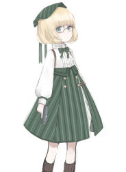 Rule 34 | 1girl, blonde hair, blue eyes, bow, bowtie, buttons, closed mouth, collared shirt, feet out of frame, girls&#039; frontline, green bow, green bowtie, green hat, green skirt, gun, handgun, hat, highres, holding, holding gun, holding weapon, long sleeves, looking at viewer, medium skirt, monocle, p99 (girls&#039; frontline), rampart1028, shirt, short hair, simple background, skirt, socks, solo, striped clothes, striped skirt, weapon, white background, white shirt