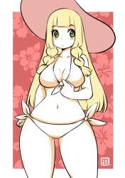 Rule 34 | 10s, 1girl, bikini, blonde hair, blush stickers, braid, breasts, cleavage, creatures (company), front-tie bikini top, front-tie top, game freak, hat, hime cut, huge breasts, kenron toqueen, lillie (pokemon), long hair, looking at viewer, monochrome, navel, nintendo, pokemon, pokemon sm, side-tie bikini bottom, solo, stomach, sun hat, swimsuit, thick thighs, thigh gap, thighs, twin braids, wide hips