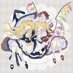 Rule 34 | 2girls, alternate costume, apron, black footwear, black headwear, black skirt, black vest, blonde hair, blush, bow, braid, collared shirt, commentary, crystal, doily, closed eyes, fang, flandre scarlet, full body, hair bow, hat, hat bow, highres, kirisame marisa, long hair, mary janes, matching outfits, multiple girls, nikorashi-ka, one side up, open mouth, puffy short sleeves, puffy sleeves, red footwear, red headwear, red skirt, red vest, shirt, shoes, short sleeves, single braid, skirt, skirt set, socks, star (symbol), sweatdrop, touhou, very long hair, vest, waist apron, white apron, white bow, white shirt, white socks, wings, witch hat, yellow eyes