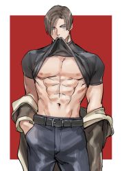 Rule 34 | 1boy, abs, belt, belt buckle, black belt, black pants, black shirt, blue eyes, brown hair, buckle, clothes in mouth, clothes lift, clothes pull, hand in pocket, jacket, jacket pull, leather, leather jacket, leon s. kennedy, lifted by self, looking at viewer, male focus, mouth hold, muscular, muscular male, navel, nipples, open clothes, open jacket, pants, pectorals, resident evil, resident evil 4, shirt, shirt in mouth, shirt lift, short hair, simple background, solo, tatsumi (psmhbpiuczn)