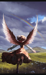 Rule 34 | 1girl, animal ears, bird wings, boots, brown dress, cloud, cloudy sky, dress, field, flower, from behind, grass, hat, juliet sleeves, landscape, letterboxed, long sleeves, mountain, mystia lorelei, outstretched arms, outstretched wings, pink hair, puffy sleeves, rainbow, running, shirt, sky, solo, touhou, wings, yamamomo (plank)