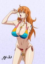 Rule 34 | 1girl, bikini, breasts, highres, kyabakurabakufu, large breasts, long hair, nami (one piece), one piece, orange hair, solo, swimsuit