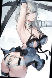 Rule 34 | 1girl, armpits, ass, asymmetrical bangs, bandaged arm, bandages, black bow, bow, breasts, cleavage, closed mouth, duan henglong, duplicate, flower, hair flower, hair ornament, highres, holding, holding weapon, kaine (nier), large breasts, lingerie, looking at viewer, nier, nier (series), pixel-perfect duplicate, revealing clothes, underwear, weapon, white hair, yellow eyes