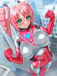 Rule 34 | bodysuit, building, chest jewel, city, color timer, colored skin, drill hair, giant, giantess, green eyes, highres, large buttons, light blush, magia magenta, magical girl, mahou shoujo ni akogarete, nikunopengin, pasties, pink corset, pink hair, pink ribbon, red bodysuit, ribbon, skin tight, sweat, sweatdrop, tokusatsu, torn bodysuit, torn clothes, twin drills, ultimate girl, ultra series, unofficial sailor senshi uniform, white bodysuit, white skin
