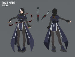Rule 34 | 1girl, absurdres, black gloves, black hood, blue footwear, blue shirt, character name, commentary, concept art, english commentary, fingerless gloves, full body, gloves, grace kim, highres, holding, holding weapon, holster, japanese clothes, kiriko (overwatch), kunai, long sleeves, official alternate costume, official art, ofuda, open hands, overwatch, overwatch 2, red eyes, rogue, second-party source, shirt, simple background, smile, solo, weapon, white hair