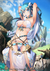 Rule 34 | alteil chronicles, armor, armpits, arms up, between breasts, bikini, blue eyes, blue hair, blue sky, blush, bow, bracelet, braid, breasts, choker, cleavage, cloud, collarbone, commentary request, day, forest, groin, hair bow, hair flaps, hair ornament, highres, jewelry, large breasts, long hair, nature, navel, official art, outdoors, pelvic curtain, rock, roquina (alteil chronicles), saraki, see-through, side braid, sidelocks, skindentation, sky, solo, staff, stomach, strap, swimsuit, thighs, tree, tying hair, underboob, very long hair, water, watermark, white bikini, white bow