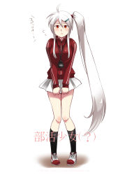 Rule 34 | 1girl, alternate hairstyle, caffein, hair ornament, hairclip, highres, jacket, long hair, red eyes, side ponytail, simple background, skirt, solo, stopwatch, very long hair, vocaloid, watch, white hair, yowane haku