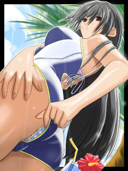 Rule 34 | 1girl, adjusting clothes, adjusting swimsuit, ass, bikini, black hair, blue one-piece swimsuit, day, flower, from below, from side, hibiscus, inaba48111, lace, long hair, one-piece swimsuit, original, panties, red eyes, solo, striped bikini, striped clothes, striped panties, swimsuit, underwear, very long hair