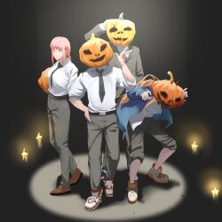 Rule 34 | 2boys, 2girls, belt, black jacket, black necktie, black pants, blonde hair, blue hoodie, braid, braided ponytail, brown footwear, candle, chainsaw man, claw pose, collared shirt, denji (chainsaw man), food, formal, halloween, hand on own hip, hayakawa aki, hdhenry, highres, holding, holding food, holding pumpkin, holding vegetable, hood, hoodie, horns, horns through headwear, hunched over, jacket, katana, long hair, looking at viewer, makima (chainsaw man), medium hair, multiple boys, multiple girls, necktie, pants, pants rolled up, power (chainsaw man), pumpkin, pumpkin on head, red hair, red horns, shirt, shirt tucked in, shoes, sidelocks, smile, sneakers, spotlight, suit, suit jacket, sword, v, vegetable, weapon, weapon on back, white footwear, white shirt, yellow eyes