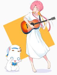 Rule 34 | 1girl, acoustic guitar, andanden, aria (manga), aria pokoteng, barefoot, beret, blue bow, blue bowtie, blush, bow, bowtie, cat, closed eyes, collarbone, dress, eyelashes, gold trim, grey background, guitar, hair ornament, hair tubes, hat, hat ribbon, highres, holding, holding instrument, instrument, long dress, mizunashi akari, music, open mouth, pink hair, playing instrument, ribbon, shadow, short hair with long locks, short sleeves, standing, standing on one leg, toenails, toes, two-tone background, white cat, white dress, white headwear, yellow background