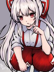 Rule 34 | 1girl, bow, clenched hand, collared shirt, commentary, finger to mouth, fujiwara no mokou, grey background, highres, long hair, ofuda, ofuda on clothes, open mouth, pants, red eyes, red pants, shirt, short sleeves, signature, simple background, sitting, tokoyuka th, touhou, very long hair, white hair, white shirt
