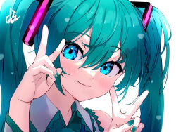 Rule 34 | 1girl, aqua hair, aqua nails, aqua necktie, bare shoulders, blue eyes, close-up, closed mouth, collared shirt, commentary, detached sleeves, grey shirt, hair between eyes, hair ornament, hands up, hatsune miku, heart, hylran0427, light blush, long hair, looking at viewer, necktie, portrait, shirt, signature, smile, solo, twintails, upper body, v, vocaloid, white background