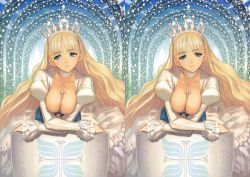 Rule 34 | 1girl, blue eyes, breasts, clalaclan philias, crown, dress, female focus, hat, highres, long hair, nipples, nude, nude filter, sega, shield, shining (series), shining wind, solo, third-party edit, tony taka, topless