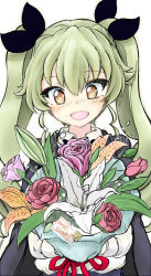 Rule 34 | 10s, 1girl, absurdres, anchovy (girls und panzer), bouquet, days135, drill hair, flower, girls und panzer, green hair, happy birthday, highres, holding, holding bouquet, lily (flower), open mouth, rose, sketch, smile, solo, tears, twin drills, white background, yellow eyes