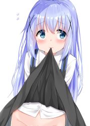 Rule 34 | 1girl, absurdres, arms behind back, black skirt, blue eyes, blue hair, blush, cacao (chocolat), censored, closed mouth, clothes lift, commentary request, embarrassed, gochuumon wa usagi desu ka?, groin, hair ornament, hairclip, highres, kafuu chino, lifting own clothes, light blue hair, long hair, long sleeves, looking away, mouth hold, no panties, out-of-frame censoring, rabbit house uniform, shirt, simple background, skirt, skirt lift, solo, standing, suspenders, sweatdrop, white background, white shirt, x hair ornament