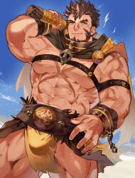Rule 34 | 1boy, abs, bara, brown hair, bulge, chest harness, cross scar, facial hair, feet out of frame, flaming eye, from below, goatee, half-closed eyes, harness, heracles (housamo), large belt, large pectorals, loincloth, long sideburns, looking at viewer, male focus, mature male, muscular, muscular male, nanaisan (713), navel, nipples, no shirt, over shoulder, pectorals, pelvic curtain, revealing clothes, scar, scar on chest, seductive smile, short hair, sideburns, smile, solo, standing, stomach, strongman waist, thick eyebrows, thick thighs, thighs, tokyo houkago summoners, weapon, weapon over shoulder