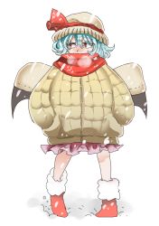 Rule 34 | 1girl, alternate costume, bat wings, blue hair, breath, coat, gioha, hands in pockets, highres, looking to the side, red eyes, remilia scarlet, scarf, scarf over mouth, short hair, snow, solo, touhou, wings, winter clothes, winter coat