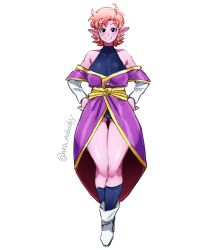 Rule 34 | 1girl, aka nobodyy, boots, chronoa, colored skin, dragon ball, dragonball z, earrings, hands on own hips, highres, jewelry, leotard, long ears, pink skin, pointy ears, prototype design, red hair, robe, simple background, socks, supreme kai of time, white background