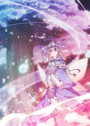 Rule 34 | 1girl, blue hat, bow, bug, butterfly, cherry blossoms, dress, female focus, ghost, hat, insect, japanese clothes, petals, pink eyes, pink hair, ribbon, saigyou ayakashi, saigyouji yuyuko, short hair, solo, t-ray, touhou, tree, triangular headpiece, wings