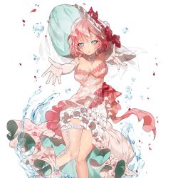 Rule 34 | 1girl, ai mihime aphrodite, aqua eyes, breasts, cleavage, dress, elbow gloves, gloves, hat, official art, outstretched arms, outstretched hand, parted lips, petals, pink hair, reaching, reaching towards viewer, short hair, solo, sukja, transparent background, uchi no hime-sama ga ichiban kawaii, water, white gloves
