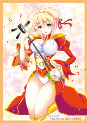 Rule 34 | 10s, 1girl, ahoge, blonde hair, breasts, dress, epaulettes, fate/extra, fate (series), green eyes, hair ribbon, instrument, large breasts, nero claudius (fate), nero claudius (fate), nero claudius (fate/extra), ribbon, shamisen, solo, suigetsu koubou