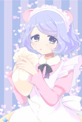 Rule 34 | 1girl, animal ears, apron, bear ears, bear girl, blue hair, blush, cream teddy (show by rock!!), dress, eyelashes, heart, heart in eye, highres, holding, icing, maid, maid headdress, mmmm, nail polish, parted lips, pastel colors, pastry bag, pink dress, short hair, show by rock!!, solo, striped, striped background, symbol in eye