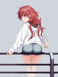 Rule 34 | 1girl, ass, blue shorts, chigusa asuha, denim, denim shorts, earrings, feet out of frame, from behind, grey background, hood, hood down, hooded jacket, jacket, jewelry, long sleeves, looking back, on railing, qualidea code, railing, red eyes, red hair, sekiya asami, short shorts, shorts, simple background, sitting, solo, thighs, wavy hair, white jacket