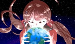 Rule 34 | 1girl, black sailor collar, brown hair, closed eyes, commentary, danganronpa (series), danganronpa v3: killing harmony, earth (planet), hair ornament, hair scrunchie, hair up, hairclip, harukawa maki, holding planet, long hair, low twintails, maguro (magurooo3), mole, mole under eye, planet, red scrunchie, red shirt, sailor collar, scrunchie, shirt, solo, space, symbol-only commentary, tearing up, twintails, upper body