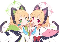 Rule 34 | 2girls, :&lt;, :d, animal ear headphones, animal ears, artist name, black skirt, blonde hair, blue archive, blue bow, blue necktie, blunt bangs, bow, cat ear headphones, cat tail, collared shirt, dated, dress shirt, fake animal ears, green eyes, green halo, hair bow, halo, hand on another&#039;s hand, hashtag-only commentary, headphones, highres, hood, hooded jacket, jacket, light blush, looking at viewer, low-tied sidelocks, midori (blue archive), miyayoki, momoi (blue archive), multiple girls, necktie, off shoulder, open mouth, palms together, pink eyes, pink halo, red bow, shirt, short hair, siblings, signature, sisters, skirt, smile, suspender skirt, suspenders, tail, twins, white jacket, white shirt, wing collar