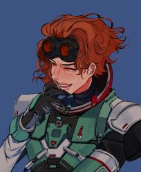 Rule 34 | 1girl, ^ ^, apex legends, black gloves, blue background, closed eyes, commentary, gloves, goggles, goggles on head, hair behind ear, harabeoji, horizon (apex legends), korean commentary, open mouth, orange hair, portrait, short hair, smile, solo, spacesuit, v-shaped eyebrows