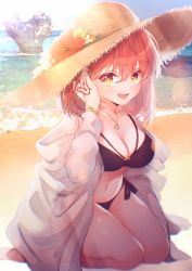 Rule 34 | 1girl, beach, bikini, blush, breasts, cleavage, collarbone, command spell, commentary request, eyes visible through hair, fate/grand order, fate (series), flower, fujimaru ritsuka (female), hair between eyes, hat, highres, jewelry, kneeling, long sleeves, medium breasts, medium hair, navel, necklace, open mouth, orange eyes, orange hair, sand, solo, stomach, straw hat, suna co, swimsuit, water
