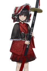 Rule 34 | 1girl, absurdres, aged down, black bow, black capelet, black hair, bonnet, bow, capelet, frilled capelet, frills, hair bow, highres, holding, holding weapon, japanese clothes, kimono, limbus company, lolita fashion, long sleeves, looking at viewer, na-gyou (nunumaru), parted lips, project moon, red headwear, red kimono, ryoshu (project moon), short hair, simple background, solo, wa lolita, weapon, white background, white bow, wide sleeves