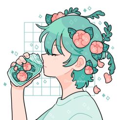 Rule 34 | 1boy, can, closed eyes, closed mouth, drink, drink can, drinking, emily kim, expressionless, eyelashes, flower, from side, green hair, hair flower, hair ornament, holding, holding drink, instagram username, leaf, male focus, original, petals, pink flower, shirt, short hair, short sleeves, simple background, soda can, solo, source request, sparkle, t-shirt, third-party source, upper body, white background, white shirt