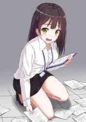 Rule 34 | 1girl, :d, bare legs, black hair, black skirt, breasts, collared shirt, embarrassed, green eyes, high heels, highres, holding, holding paper, id card, indoors, itachi kanade, lanyard, long hair, long sleeves, looking at viewer, medium breasts, office lady, on one knee, open mouth, original, papers, pencil skirt, shirt, skirt, smile, solo, teeth, thighs, tile floor, tiles, white shirt