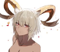 Rule 34 | 1girl, animal ears, arknights, blonde hair, breasts, carnelian (arknights), cleavage, closed mouth, collarbone, completely nude, dark-skinned female, dark skin, goat ears, goat girl, goat horns, heart, horn/wood, horns, looking at viewer, medium breasts, nude, out-of-frame censoring, red eyes, short hair, simple background, smile, solo, sparkle, upper body, white background